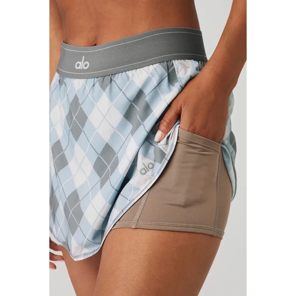 Alo Yoga Argyle Match Point Tennis Skirt Gravel/Titanium XXS